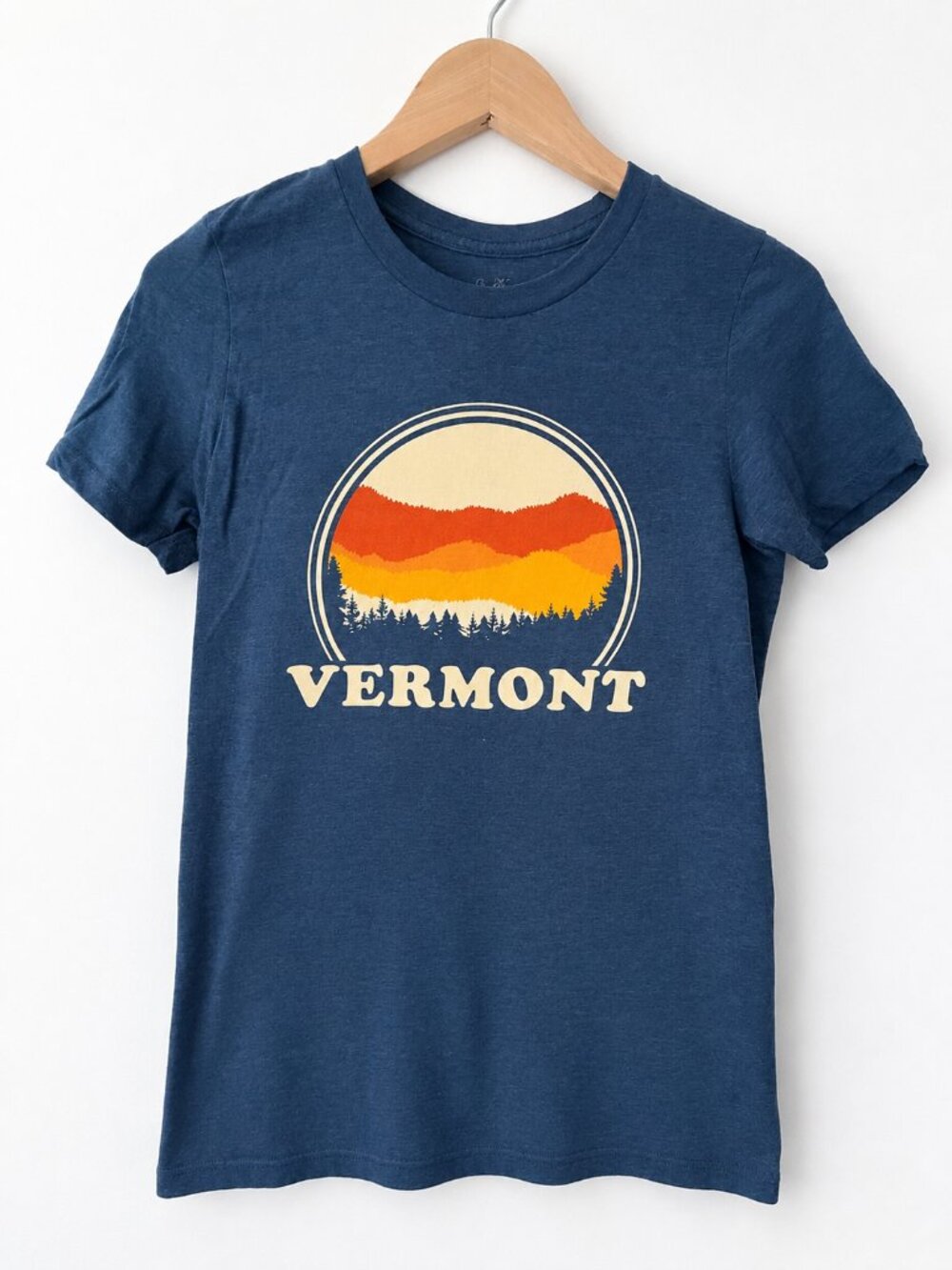 Vintage Style Soft Vermont Graphic Tee Blue Retro Mountain Sunset | Women's XS